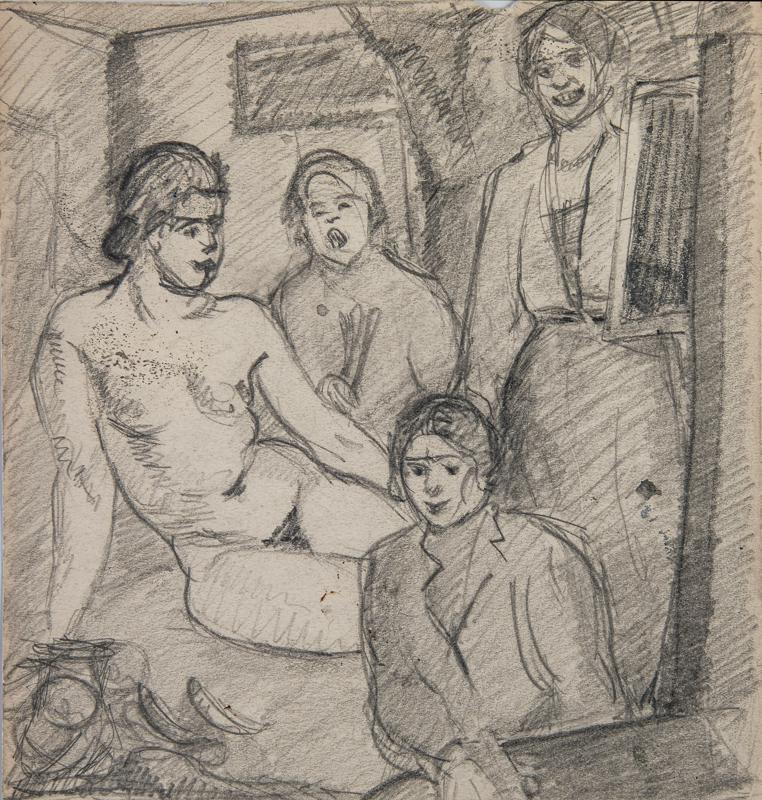 Three Female Figures Around a Nude in a Studio