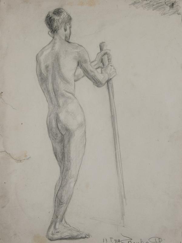 Male Nude from Behind Leaning on a Cane