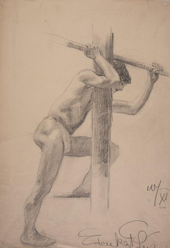 Male Nude in Profile Hanging On a Cross