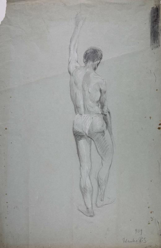 Male Nude from Behind with Raised Left Arm